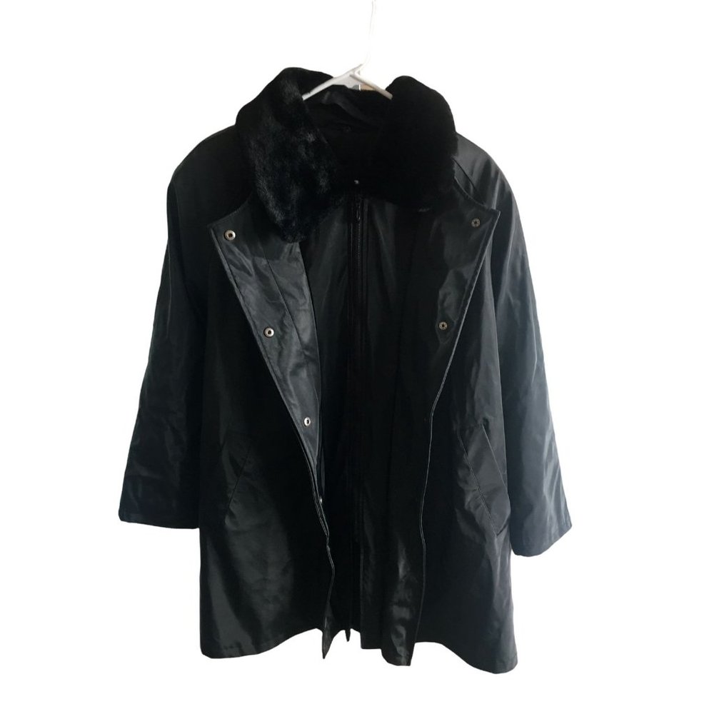 British Mist Coat Solid Black Lined Winter Small Waterproof Lining Faux Fur Neck - Picture 2 of 10